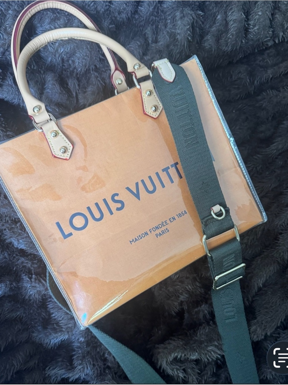 Louis Vuitton BAG UpCycled Into A      Clear Tote with Green LV Strap